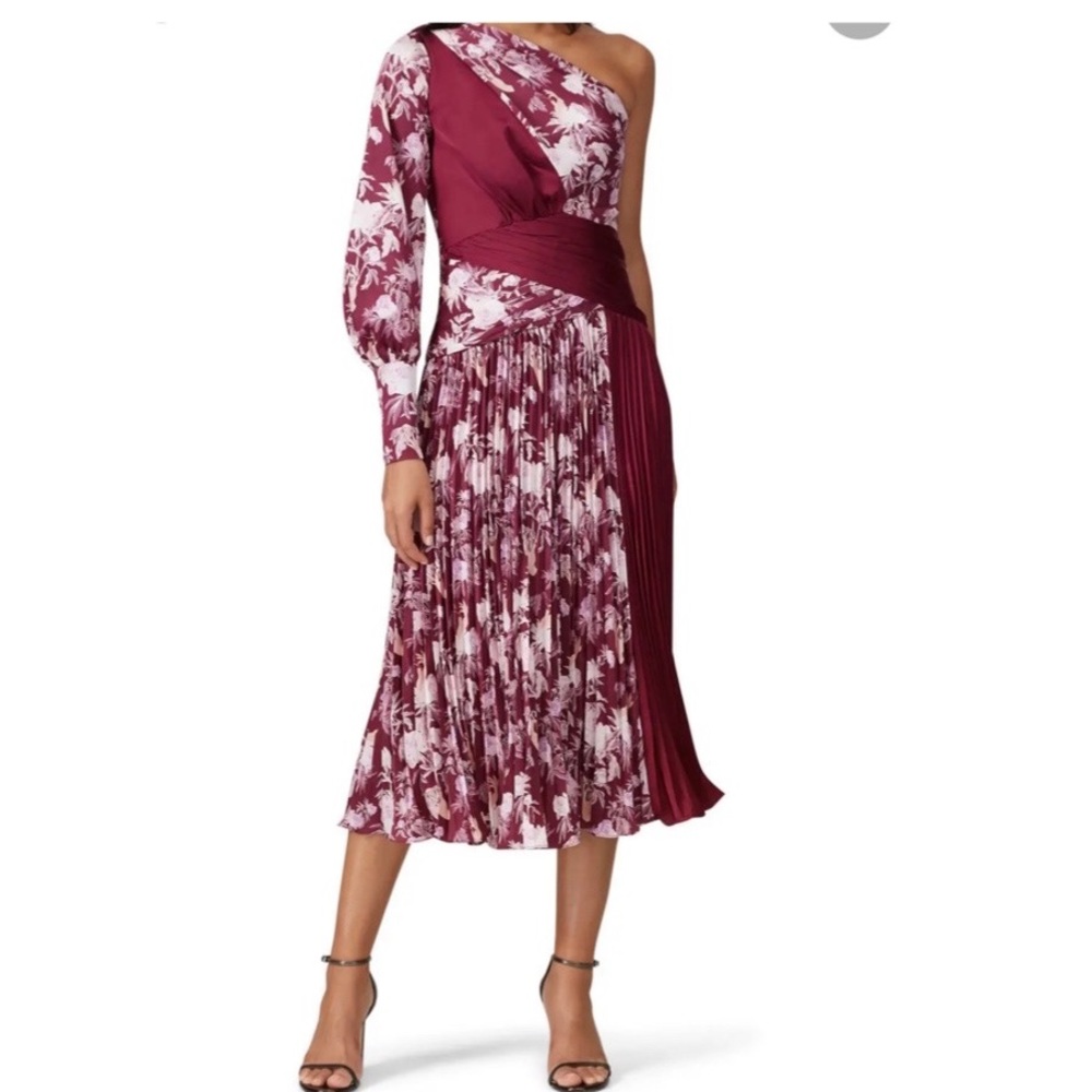 Three Floor Xilitla Printed One Shoulder Pleated Midi Dress